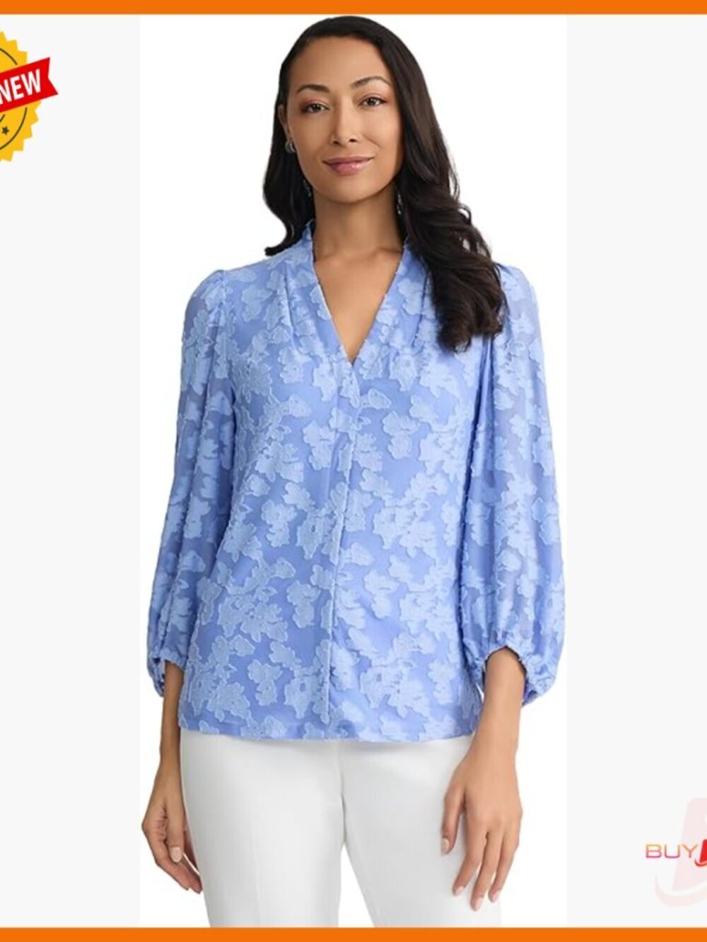 Long Sleeve V-Neck Blouson Top, Burnout Fabric, Regular Fit, Workwear Essential